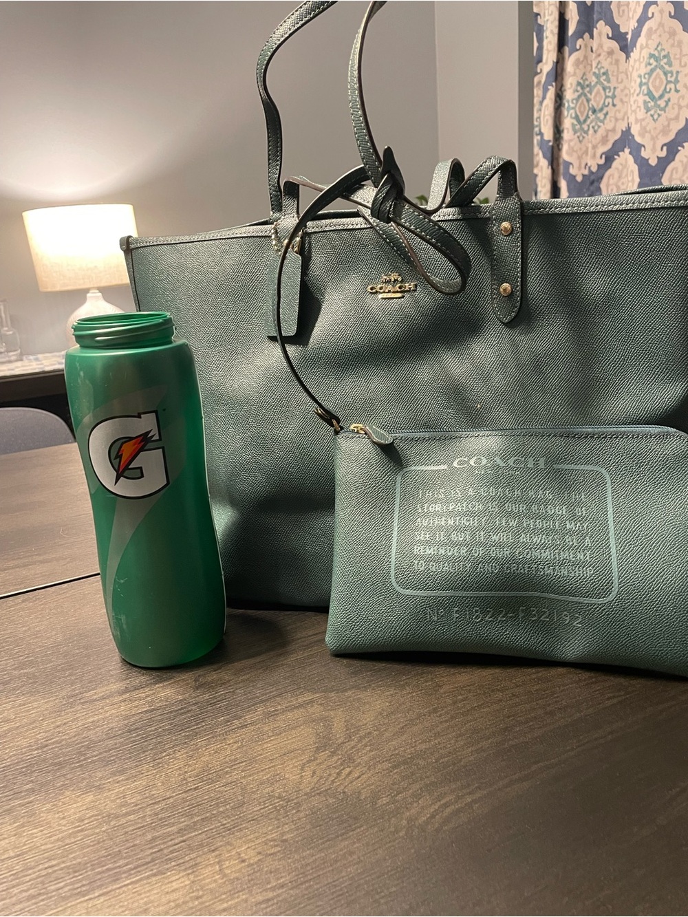 Coach Classic Brown Signature Canvas ReversibleTote with Teal Wristlet. - Picture 11 of 12